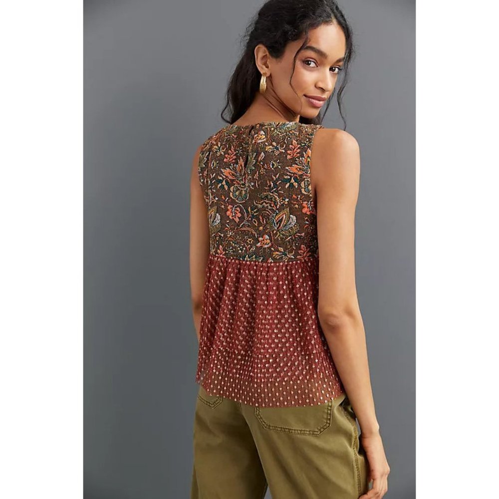 Anthropologie Eva Franco Jacquard Sleeveless Brown Floral Top Plus Sizes - Picture 4 of 8